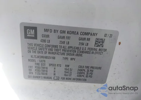 2022 Chevrolet Trax Fwd Ls из США, поврежденный, VIN KL7CJKSM6NB524168